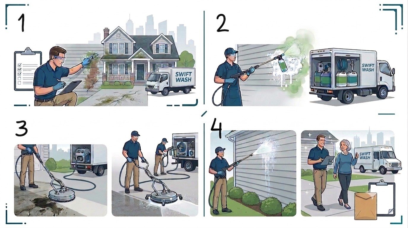 The four numbered stages listed alongside. 1: a technician inspecting algae-stained
                  siding and logging findings on a clipboard. 2: applying pre-treatment solution to
                  the siding, beside a truck stocked with cleaning concentrate. 3: running a surface
                  cleaner across a stained driveway until the concrete is uniformly clean. 4: rinsing
                  down the siding, then reviewing the finished work with the homeowner.